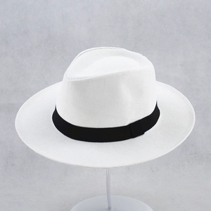 Classic white woven wide brim panama sun hat with black band for summer beach protection