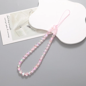 Charming iridescent pink heart-beaded wrist strap for mobile phones and bags