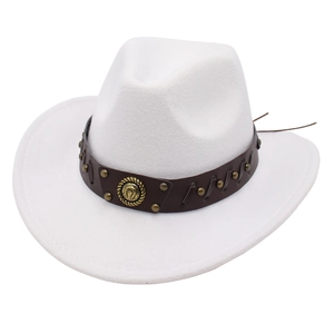 Classic white felt cowboy hat with vintage brown leather band and metallic buckle detail