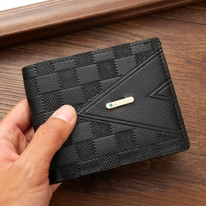 Classic black men's short leather wallet with checkered pattern and V-stitch design