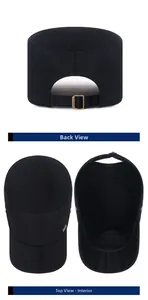 Detail view of adjustable metal buckle and interior stitching on a black cotton flat top hat