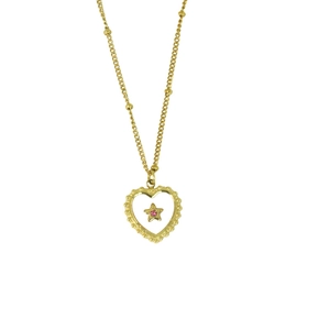 14K gold plated heart and star pendant necklace with pink crystal on white background