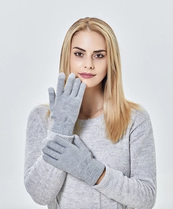 Detail of grey knitted gloves with ribbed cuffs and touchscreen compatibility