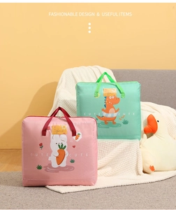 Detail of cartoon storage bags with reinforced handles and transparent label pockets