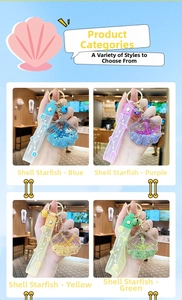 Starfish shell quicksand keychain with colored glitter and Happy Moments strap detail