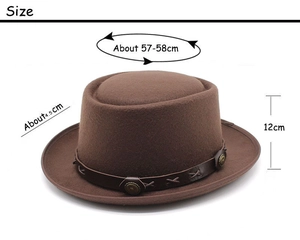 Size specifications for the brown wool fedora with crown height and brim width measurements