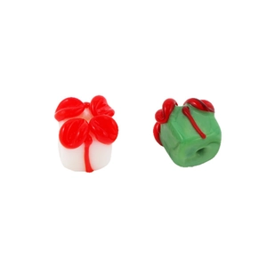 Handmade glass Christmas gift box beads in white and green for DIY jewelry making