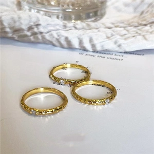 Minimalist Stainless Steel Ring With 18K Gold Plated Irregular Hammered Texture Cubic Zirconia Inlay Jewelry For Women