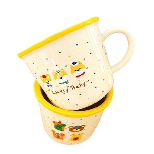 Cute ceramic mugs featuring stacked Shiba Inu and bear illustrations with colorful polka dots