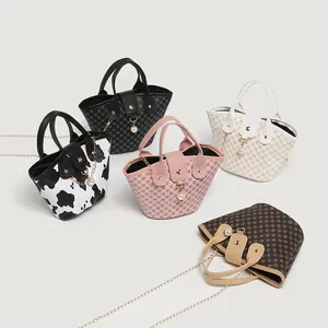 Women Bucket Bag PU Leather Handbag With Metal Chain Strap And Artificial Pearl Pendant Geometric Pattern Vintage Elegant Crossbody Purse