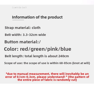 Detailed size chart for Bohemian fabric waist belt showing length and width measurements