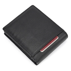 Close-up of black genuine leather wallet with lychee grain texture and external card slot