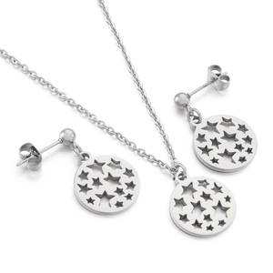 Silver hollow star pendant necklace and stud earrings set on a white background