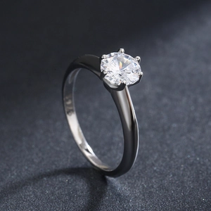 Classic S925 sterling silver six-prong solitaire ring with a brilliant round-cut cubic zirconia