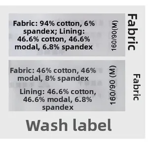 Detail view of the care label showing cotton, modal, and spandex fabric blend ratios