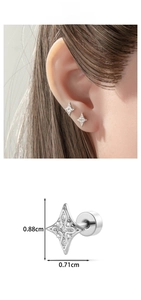 Detailed view of silver star ear stud showing precise dimensions and worn on ear lobe