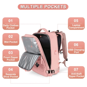 Pink multi-functional backpack detail showing shoe compartment and various utility pockets