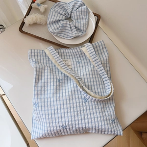 Blue Gingham Cotton Shoulder Bag With Bow Embroidery Cosmetic Pouch And Scrunchie Japanese Minimalist Style For Women