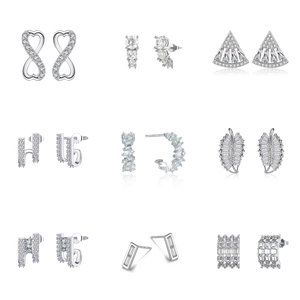 Collection of silver S925 earrings with geometric shapes and clear zircon stones