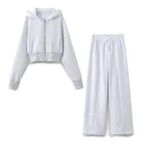 Women's 2-piece grey casual set with cropped zip hoodie and wide-leg sweatpants