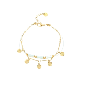 Golden multi-layer stainless steel bracelet with white cylinder beads and fan pendants