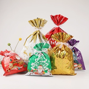 Christmas Gift Bags Plastic Drawstring Ribbon Tie Festive Candy Packaging Snack Pouches Santa Snowman Pattern Holiday Party