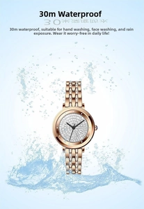 Detailed view of luxury rose gold women watch showing 30m waterproof rating with water splash