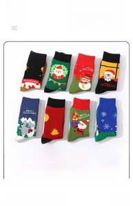 Detailed view of eight festive cotton Christmas socks with winter holiday patterns