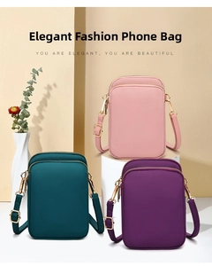Three colorful canvas crossbody phone bags featuring double zippers and golden hardware