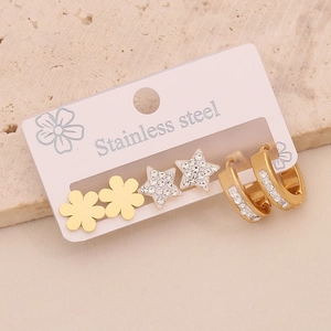 Three-pair set of stainless steel earrings with gold flowers, stars and crystal hoops