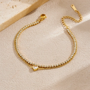 Double-layered 18K gold plated stainless steel heart charm bracelet with tennis chain