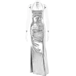 Elegant silver metallic cowl neck backless maxi dress with a slim fit silhouette