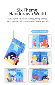 Detail view of marine animal fabric book with sensory textures and English word labels