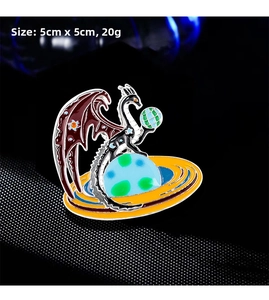 Detail of vintage dragon brooch with colorful enamel finish and world globe element