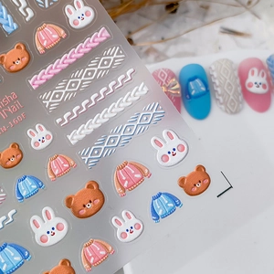 3D embossed nail stickers with cartoon rabbit, bear designs and knit textures