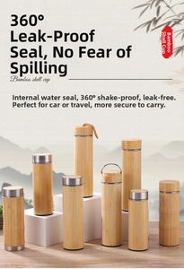 Bamboo vacuum thermos cups with stainless steel accents in various sizes and styles