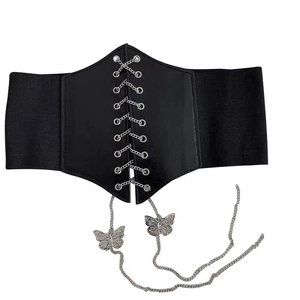 Fashionable black PU leather wide waist corset with silver metal chains and butterfly charms