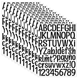 Detail showing ten stacked sheets of waterproof black alphanumeric letter stickers