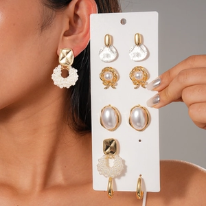 Vintage Artificial Pearl Earrings With Silver Earring Post Alloy Geometric Flower Bow Knot Ear Studs Fashion Jewelry For Women