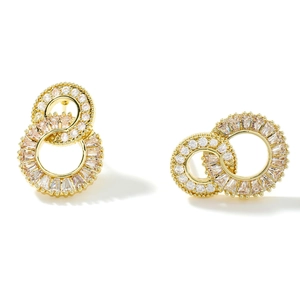 Elegant gold figure-eight earrings with micro-pave cubic zirconia on white background