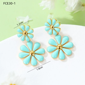 Detail of teal daisy titanium earrings with gold edges and size labels 1.2cm and 1.8cm