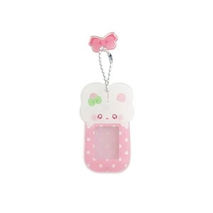 Pink cartoon bear acrylic photo frame keychain with bead chain and bow decoration