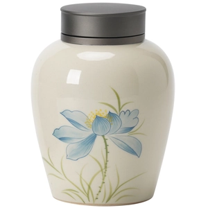 Elegant white ceramic tea canister with blue lotus motif and grey matte lid