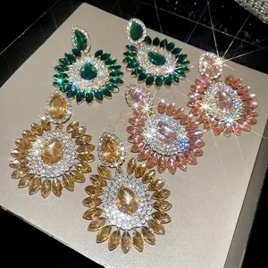 Drop Earrings For Women Alloy Rhinestone Crystal Sunflower Shape With 925 Sterling Silver Earring Post Luxury Party Wedding