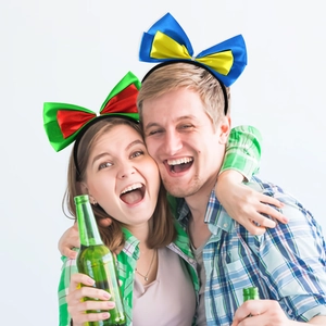 Bow knot headbands in blue-yellow and red-green satin for party celebrations