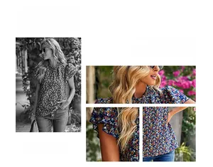Close-up of floral print chiffon fabric with ruffled cap sleeves on a casual summer top