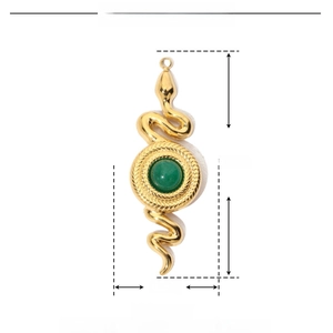 Detailed view of snake-shaped pendant with green natural stone and size measurements