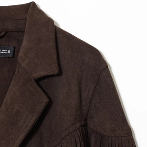 Women's dark brown faux suede jacket featuring stylish fringe details and premium texture