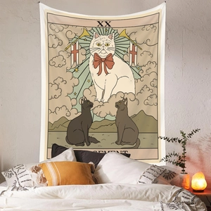 Detail of a cat tarot judgment tapestry hanging over a bed in a cozy bedroom