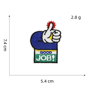 Macro detail of 'GOOD JOB' thumbs up embroidery patch showing 7.4x5.4cm dimensions